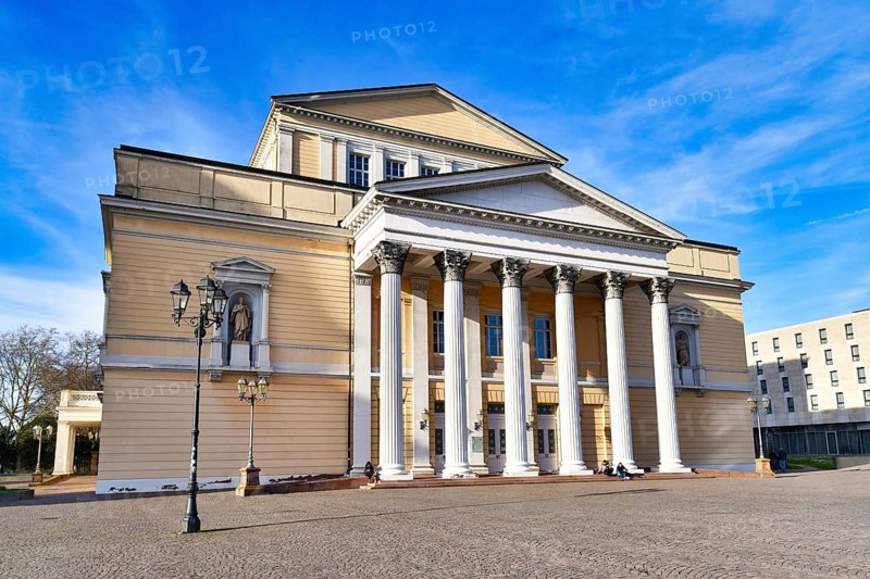 Darmstadt, Germany, March 2020: Reconstructed Neoclassicis style modern building of department of Hessian State Archives, also called Mollerbau located at square called Karolinenplatz, Europe