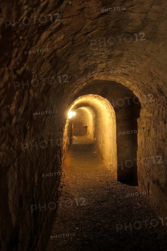 Narrow dark passage in the casemates, cellar, vault, castle complex, Marburg, Hesse, Germany, Europe