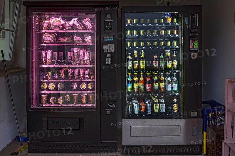 Food vending machines stocked with sausage products and drinks, Bavaria, Germany, Europe