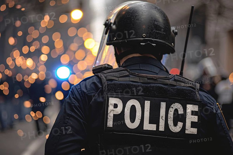 Back view of police officer with helmet and bulletproof vest. Generative Ai, AI generated