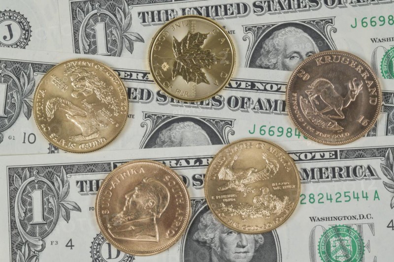 US dollar, various gold coins, symbol photo gold, investment, currency