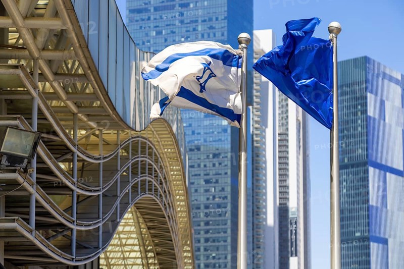Israel, Tel Aviv financial business district skyline includes shopping malls and high tech offices, Asia