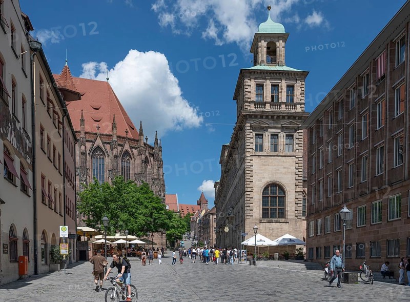 Old Town Hall, built around 1620 and the Gothic St Sebald's Church on the left, Nuremberg, Middle Franconia, Bavaria, Germany, Europe