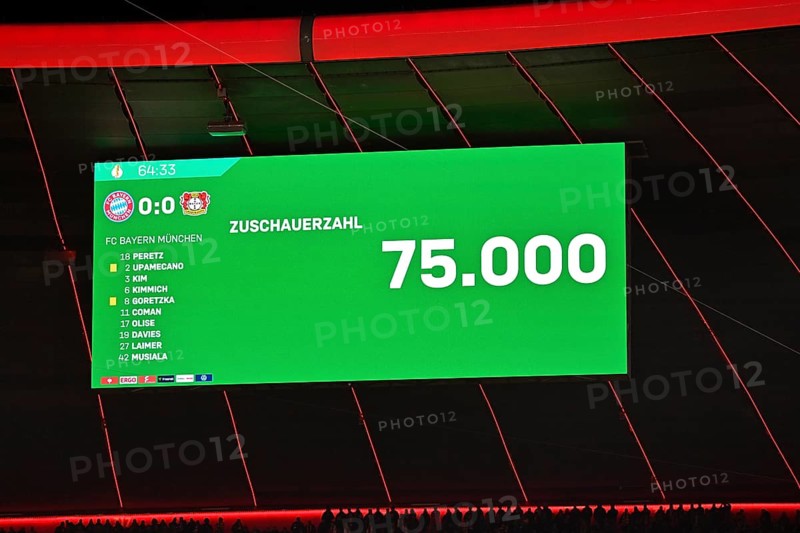 Scoreboard 75, 000 spectators sold out, DFB Cup, round of 16, FC Bayern Munich FCB vs Bayer 04 Leverkusen, Allianz Arena, Munich, Bavaria, Germany, Europe