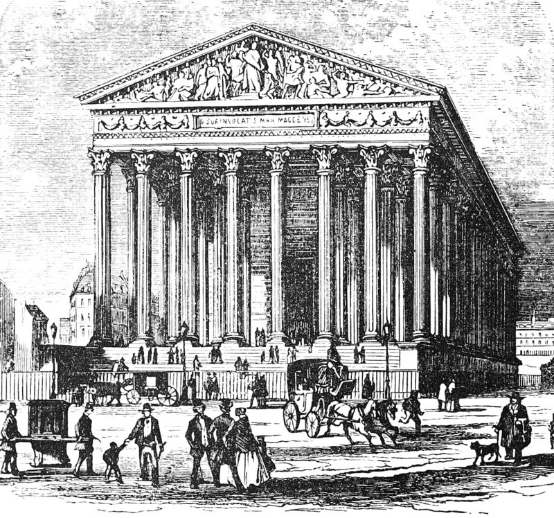 Église de la Madeleine, Magdalene church in Paris, patron saint Mary Magdalene, portico, steps, square, horse-drawn carriage, pedestrian, France, historical illustration 1880, Europe