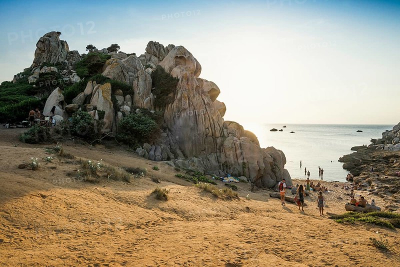 Bizarre and huge granite rocks by the sea, sunset, Spiaggia Valle della Luna, Capo Testa, near Santa Teresa di Gallura, Sardinia, Italy, Europe