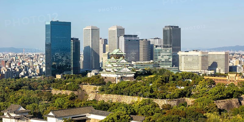 Osaka Castle Castle from above with the skyline skyscrapers panorama in Osaka, Japan, Asia