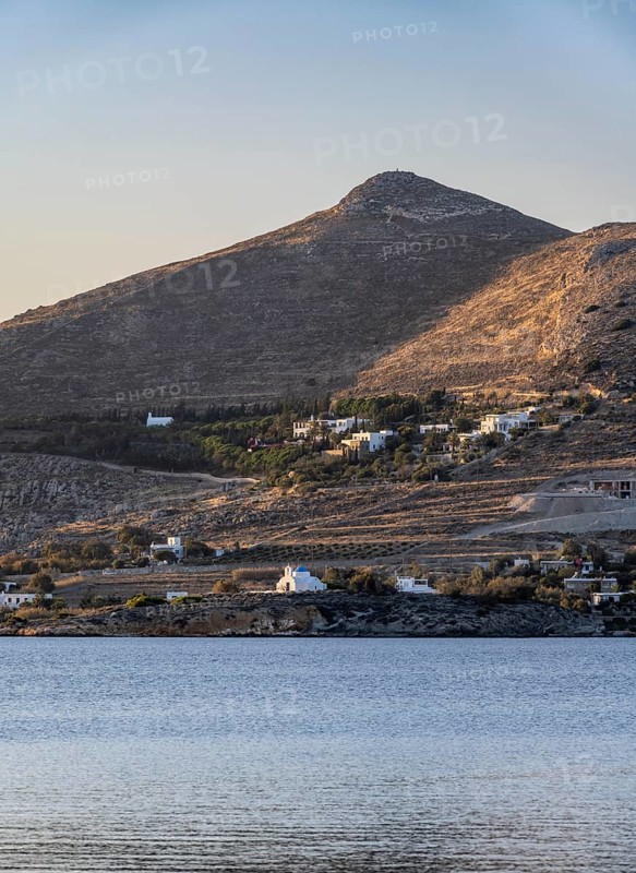 View of the Monastiri peninsula, hills and white Cycladic houses, Paros, Cyclades, Greece, Europe