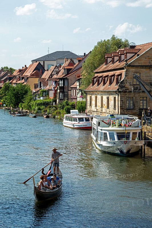 Gondolier, boat, excursion boats, Regnitz, Alter Schlachthof, harbour, Bamberg, Upper Franconia, Bavaria, Germany, Europe