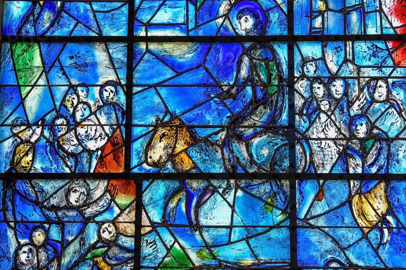 Detail entry into Jerusalem of the stained glass window La Paix, the Peace, by Marc Chagall, Chapelle des Cordeliers, 18th century Franciscan chapel, Sarrebourg or Saarburg, Moselle, Grand Est region, Lorraine, France, Europe