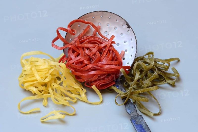 Tagliatelle tricolore, Italian pasta with sieve ladle, pasta, pasta type