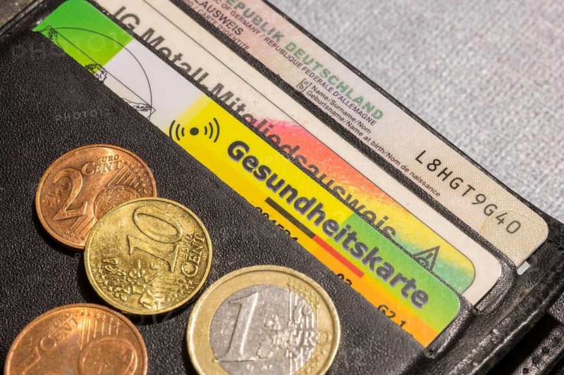 Health card, AOK insurance card, wallet, cards, money, coins, euro, cent, Germany, Europe