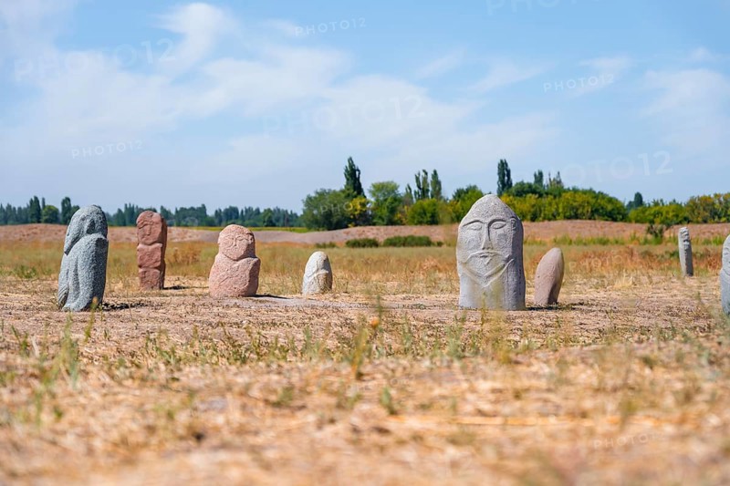 Balbals, historical gravestones in the shape of human faces, near Tokmok, Chuy, Kyrgyzstan, Asia