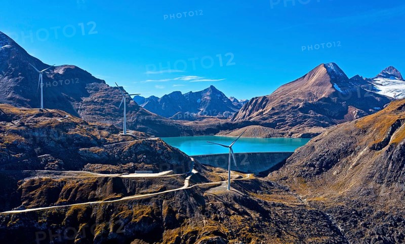 At the Griessee reservoir, wind turbines at the Gries wind farm, Nufenenpass, Obergoms, Valais, Switzerland, Europe
