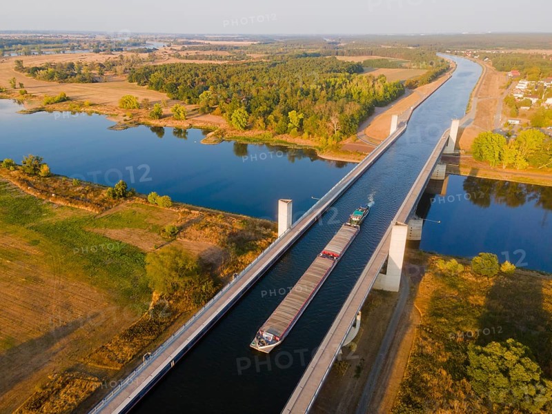 Drone shot, cargo ship on the Mittelland Canal, Magdeburg waterway junction, canal bridge, Mittelland Canal, Elbe, Magdeburg, Saxony-Anhalt, Germany, Europe