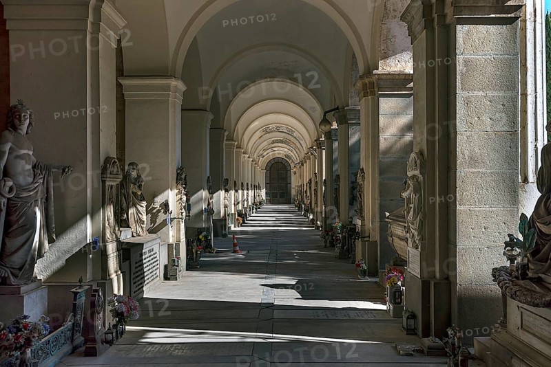 Arcaded gallery with tombs in the Monumental Cemetery, Cimitero monumentale di Staglieno), Genoa, Italy, Europe