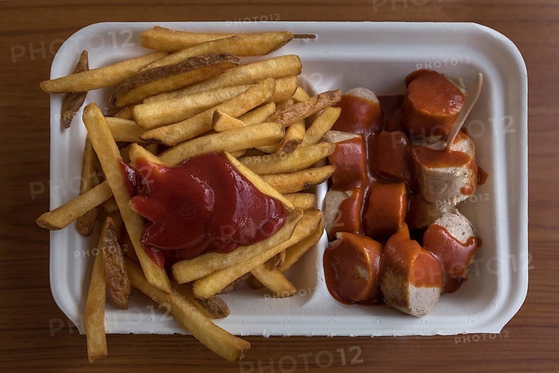 Currywurst with fries as take away, Bavaria, Germany, Europe