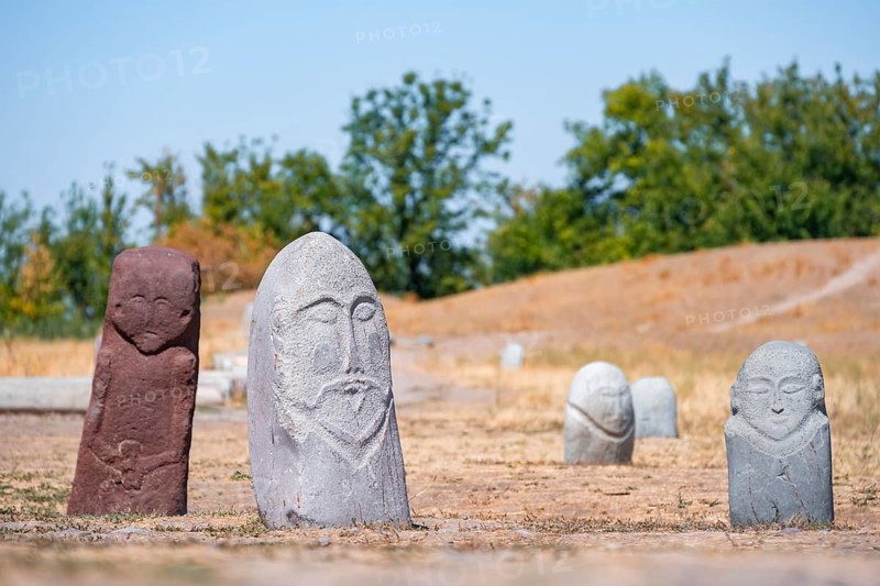 Balbals, historical gravestones in the shape of human faces, near Tokmok, Chuy, Kyrgyzstan, Asia