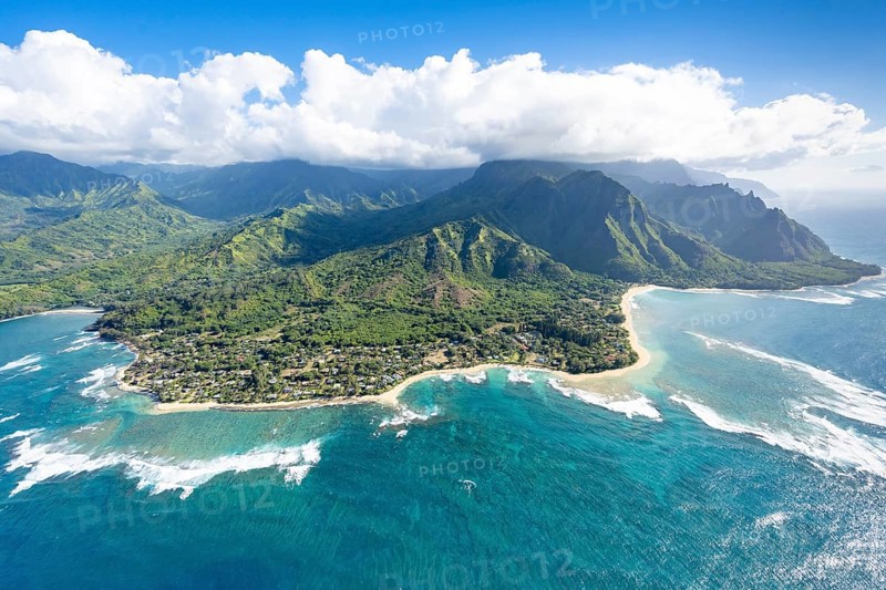 Aerial view Ke'e Beach, Haena Beach, Tunnels Beach, Kepuhi Beach, Napali Coast, Kauai, Hawaii, USA, North America