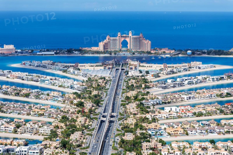 The Palm Jumeirah with Atlantis Hotel artificial island from above in Dubai, United Arab Emirates, Asia