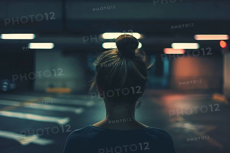 Back view of young woman alone in dark parking garage. Generative Ai, AI generated