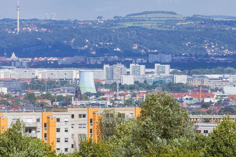 Panoramic view over Gorbitz to Nossener Brücke, Prager Straße, television tower and Triebenberg, panoramic view of Dresden seen from the west, Dresden, Saxony, Germany, Europe