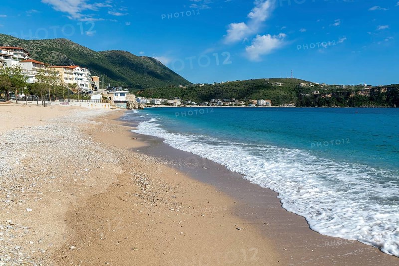 Turquoise blue sea at town beach of Himare, Albanian Riviera, Albania, Europe