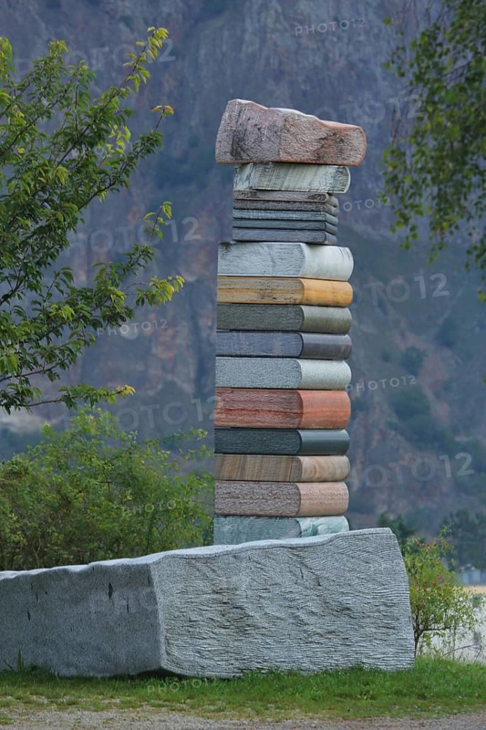 Sculpture stack of books made of stone, stack, books stacked, high, on top of each other, stone sculpture park, Ebernburg, Bad Münster am Stein-Ebernburg, Bad Kreuznach, Rhineland-Palatinate, Germany, Europe