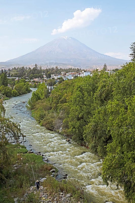 Misti Volcano and Chili River, Arequipa, Arequipa Province, Peru, South America