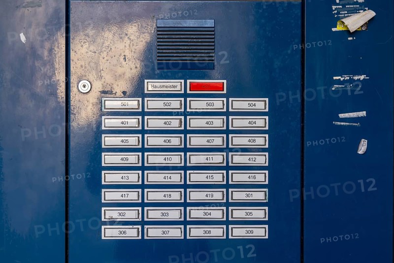 Doorbell system, doorbell at the front door with anonymous residents. Bamberg, Upper Franconia, Bavaria, Germany, Europe