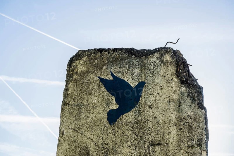 Monument, part of the Berlin Wall with dove of peace, Schengen, Canton of Remich, Luxembourg, Europe