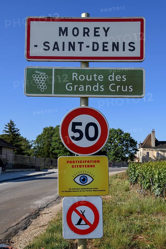 Town sign of Morey-Saint-Denis on the Route des Grand-Crus, Route of Fine Wines, Côte-d'Or Department, Bourgogne-Franche-Comté, Burgundy, France, Europe