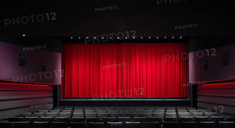 Interior shot, red velvet curtain in a cinema, theatre, rows of seats, Stuttgart, Baden-Württemberg, Germany, Europe