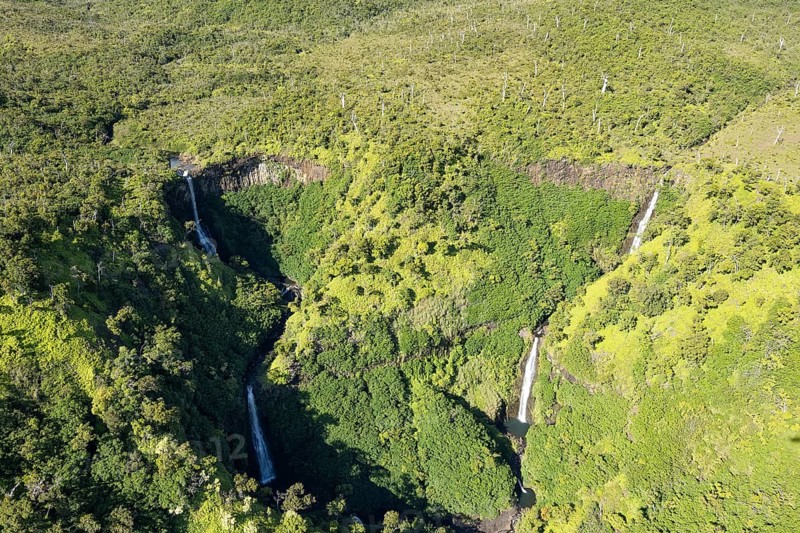 Aerial view Kahili Falls (Five Sisters Falls), Hanapepe Valley, Kauai, Hawaii, USA, North America
