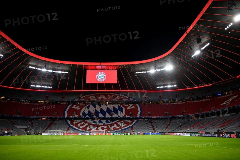 Overview Interior Allianz Arena, empty, FC Bayern Munich logo, scoreboard, Munich, Bavaria, Germany, Europe