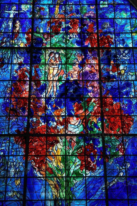 Monumental stained glass window La Paix, the Peace, by Marc Chagall in the Chapelle des Cordeliers, 18th century Franciscan chapel, Sarrebourg or Saarburg, Moselle, Grand Est region, Lorraine, France, Europe