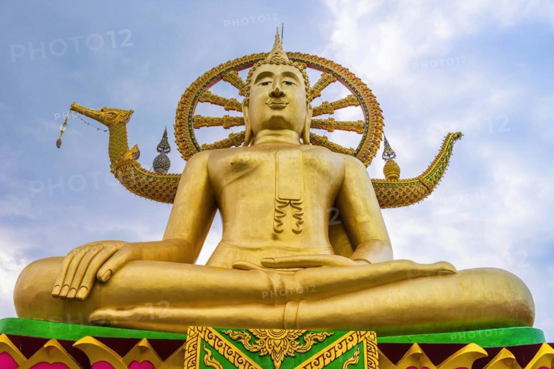 Sitting Buddha at Wat Phra Yai, Buddhist Temple, Big Buddha Temple, religion, Buddhism, figure, statue, sculpture, worship, God, sacred, world religion, spiritual, Buddha, Asian, deity, human figure, monument, sage, wisdom, image, religious, travel, tourism, art, history, cultural history, cult, icon, architecture, gold, golden, gilded, culture, peaceful, faith, monument, public, Koh Samui, Thailand, Asia