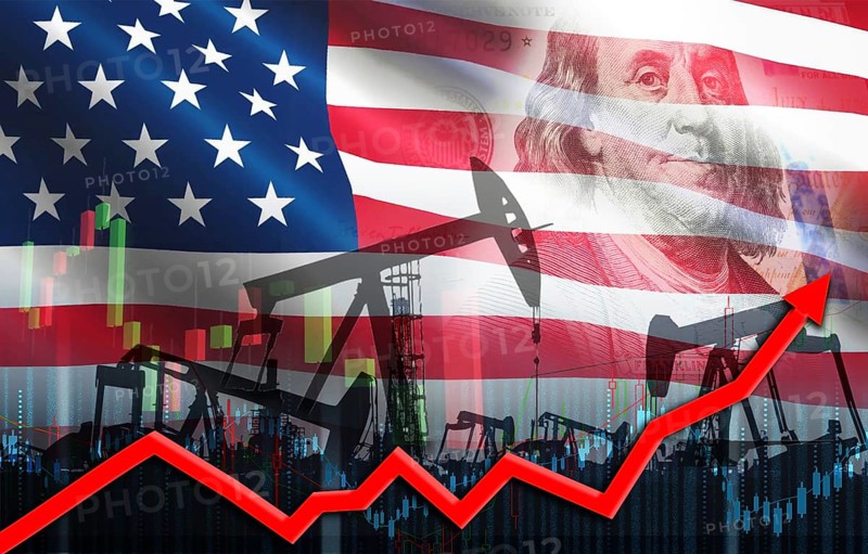 Oil pumps with the USA flag. Oil rise with the US flag. Oil production with USA flag