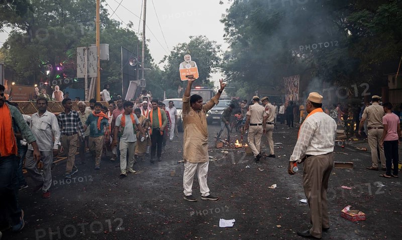 New Delhi, India, 4 June 2024. Bharatiya Janata Party (BJP) supporters celebrate as India's Prime Minister Narendra Modi being won the general elections for third time, in Delhi, Asia