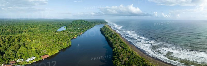 Aerial view, beach and sea, coast with rainforest, Tortuguero National Park, Costa Rica, Central America