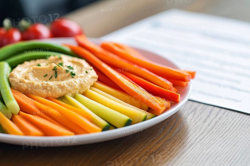 Plate with raw vegetables and hummus dip. Generative Ai, AI generated