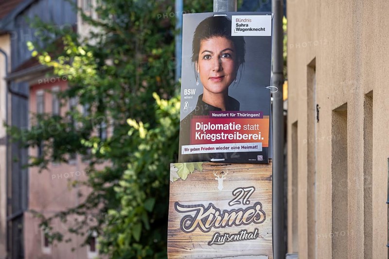 State election in Thuringia. Days after the election, election posters for the party BSW Bündnis Sahra Wagenknecht are still hanging in the streets. Ohrdruf, Thuringia, Germany, Europe