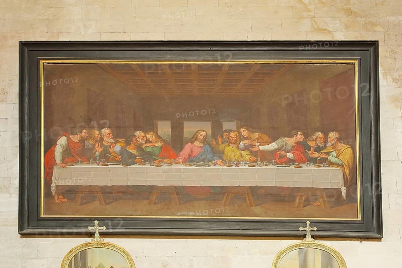Painting Last Supper by Leonardo da Vinci, Notre-Dame Church, Saint-Paul-Trois-Châteaux, St, interior, biblical, scene, Jesus, Christ, disciples, apostles, Saint-Paul-Trois-Chateaux, Drôme, Tricastin, Provence, France, Europe