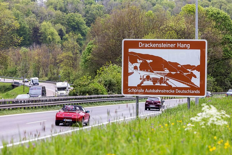 Tourist information board on the Drackensteiner Hang, A8 motorway near Hohenstadt in the Swabian Alb. Germany's most beautiful stretch of motorway, Hohenstadt, Baden-Württemberg, Germany, Europe