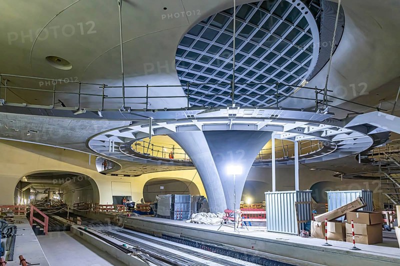 Impressions of the new Stuttgart 21 main station. The shell is finished, now it's time for the technical equipment. The 28 chalice-shaped columns supporting the roof of the underground through station are striking. Skylights with a diameter of around 21 metres provide daylight in the station. Stuttgart, Baden-Württemberg, Germany, Europe