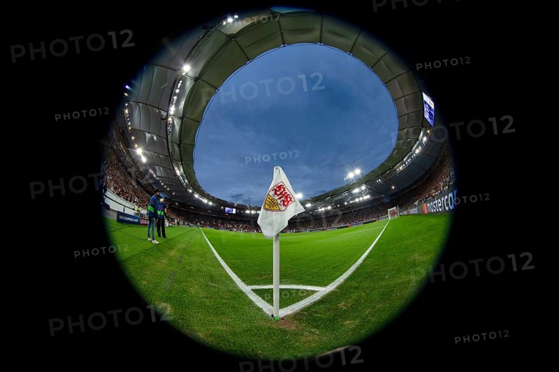 Corner flag, VfB Stuttgart, logo, blue hour, fisheye, Champions League, MHPArena, MHP Arena Stuttgart, Baden-Württemberg, Germany, Europe