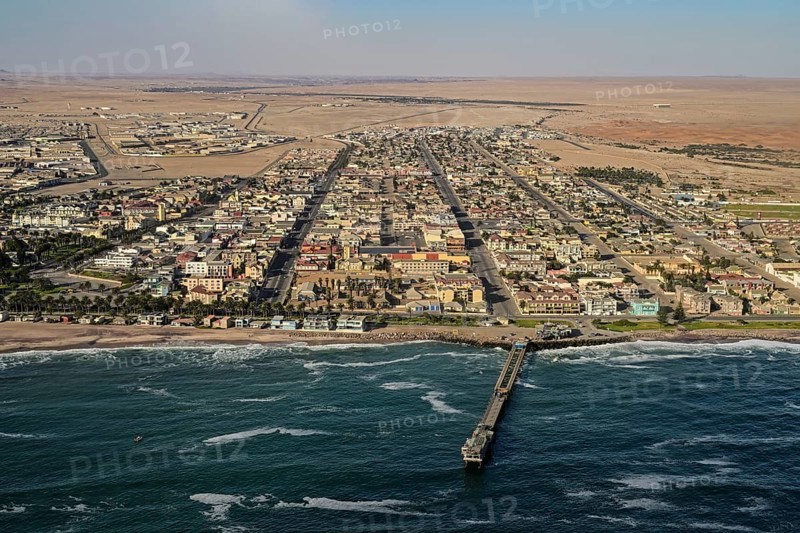 Aerial view of Swakopmund with the jetty and the Namib Desert on the Atlantic coast, Swakopmund, Namibia, Africa