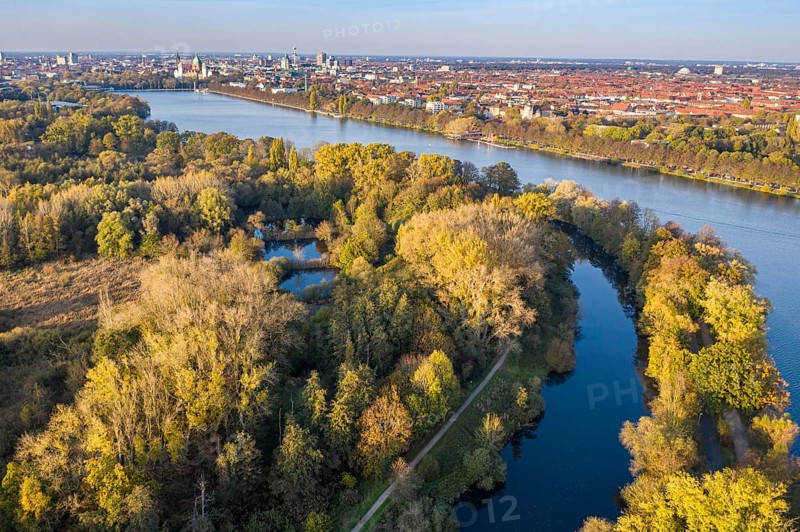 Drone shot of river Leine and lake Maschsee in autumn, Hannover city, Germany, Europe