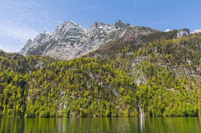 Schrainbach waterfall falls in Königssee, Waltzmanngruppe, mixed forest, rock, mountain, Berchtesgadner Land, Bavaria, Germany, Europe