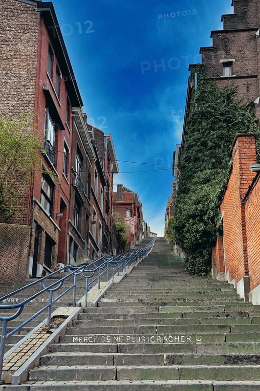 Montagne de Bueren, staircase with 260 metres length and 67 metres difference in height, from old town Liège to residential area, houses left and right, view uphill, blue sky, inscription Merci de ne plus cracher Liège, Belgium, Europe